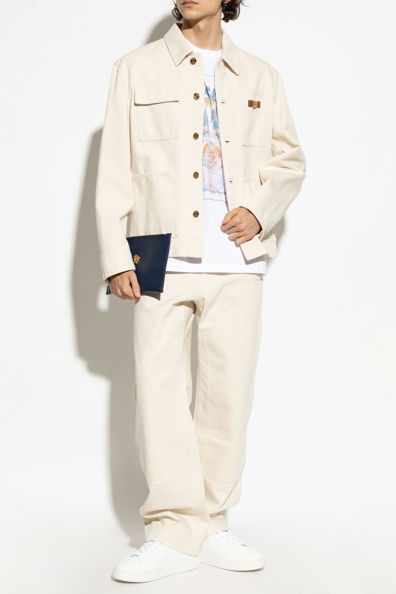 Cream Denim jacket with logo patch Versace - Vitkac Italy